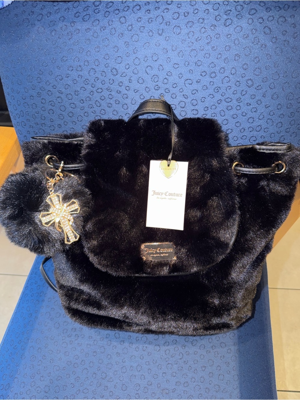 Juicy Couture Black Faux Fur Backpack with Gold Charm